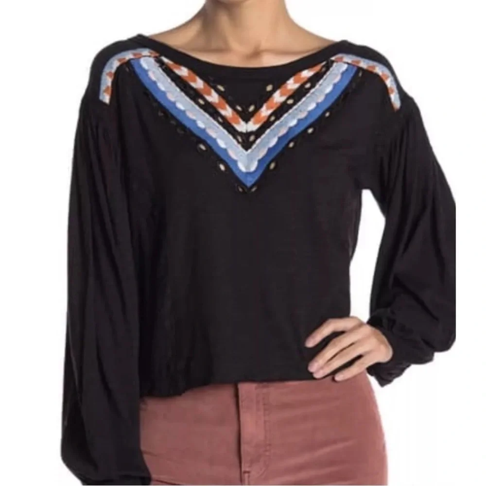 Free People Hand Me Down Embroidered Linen Blouse Cropped Top Black Sz S